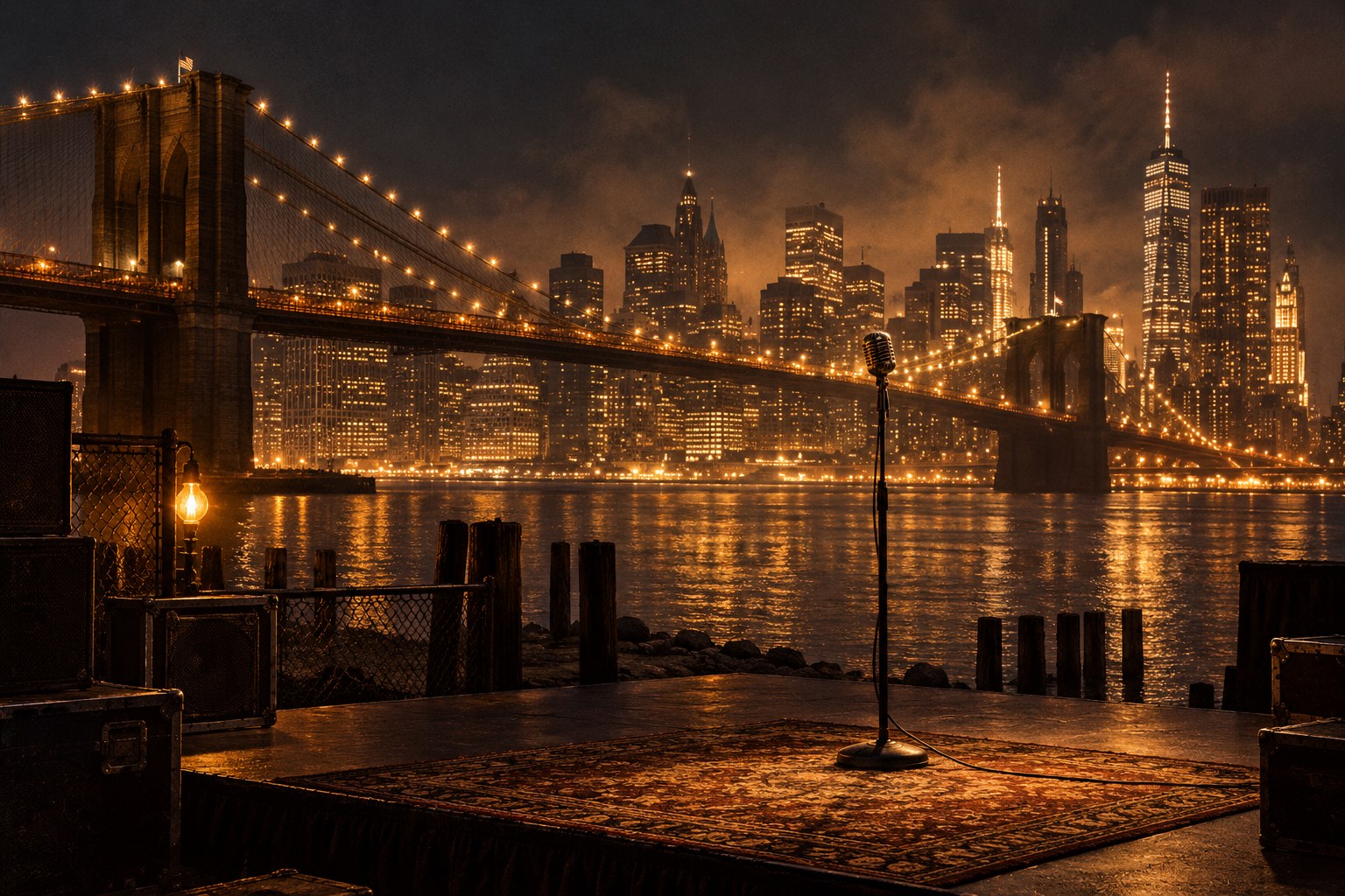Brooklyn Bridge at night with a vintage stage microphone, a conceptual illustration of East Coast hip-hop's live legacy