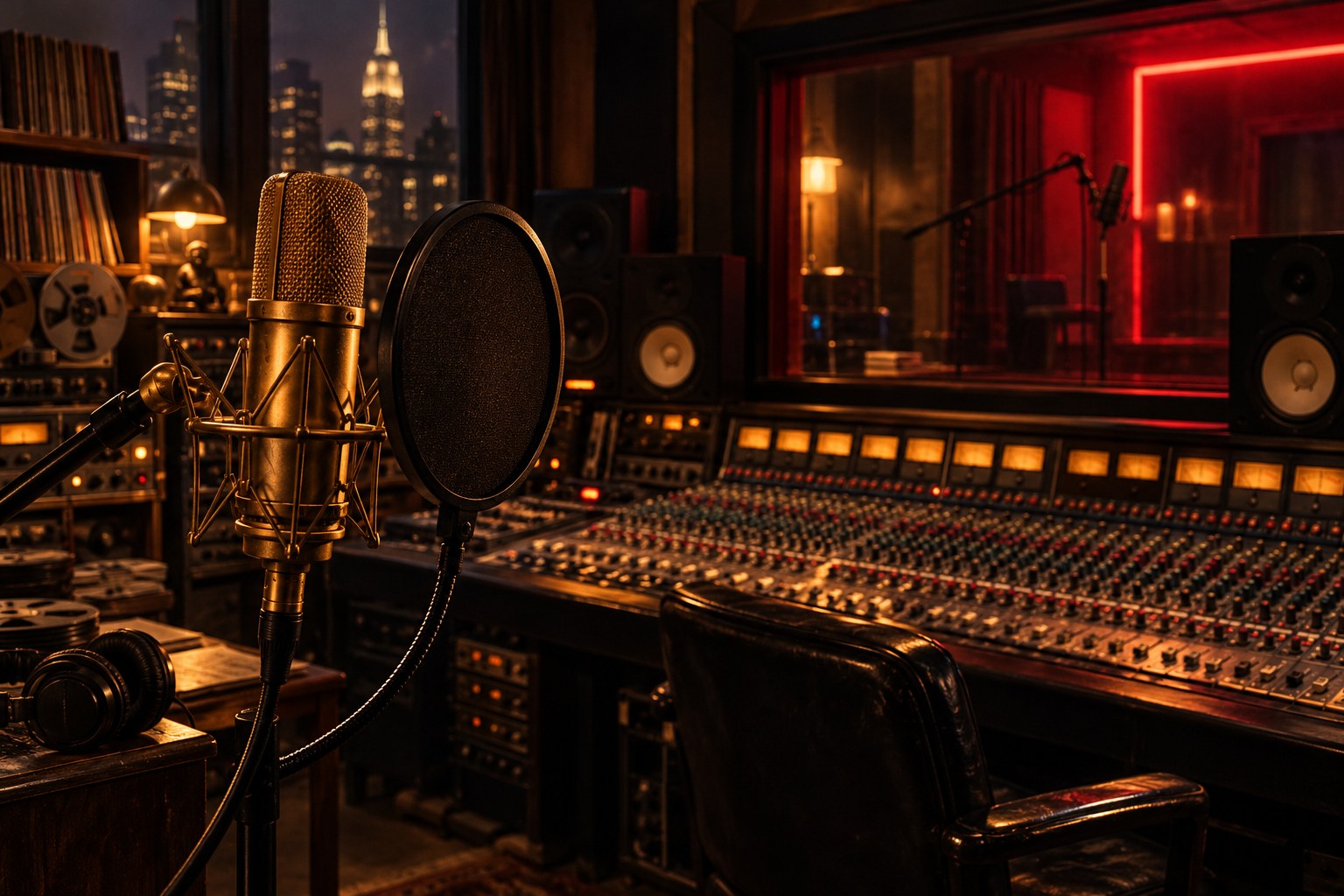Gold microphone and analog equipment in an amber-lit studio, an AI illustration of 1990s hip-hop recording culture