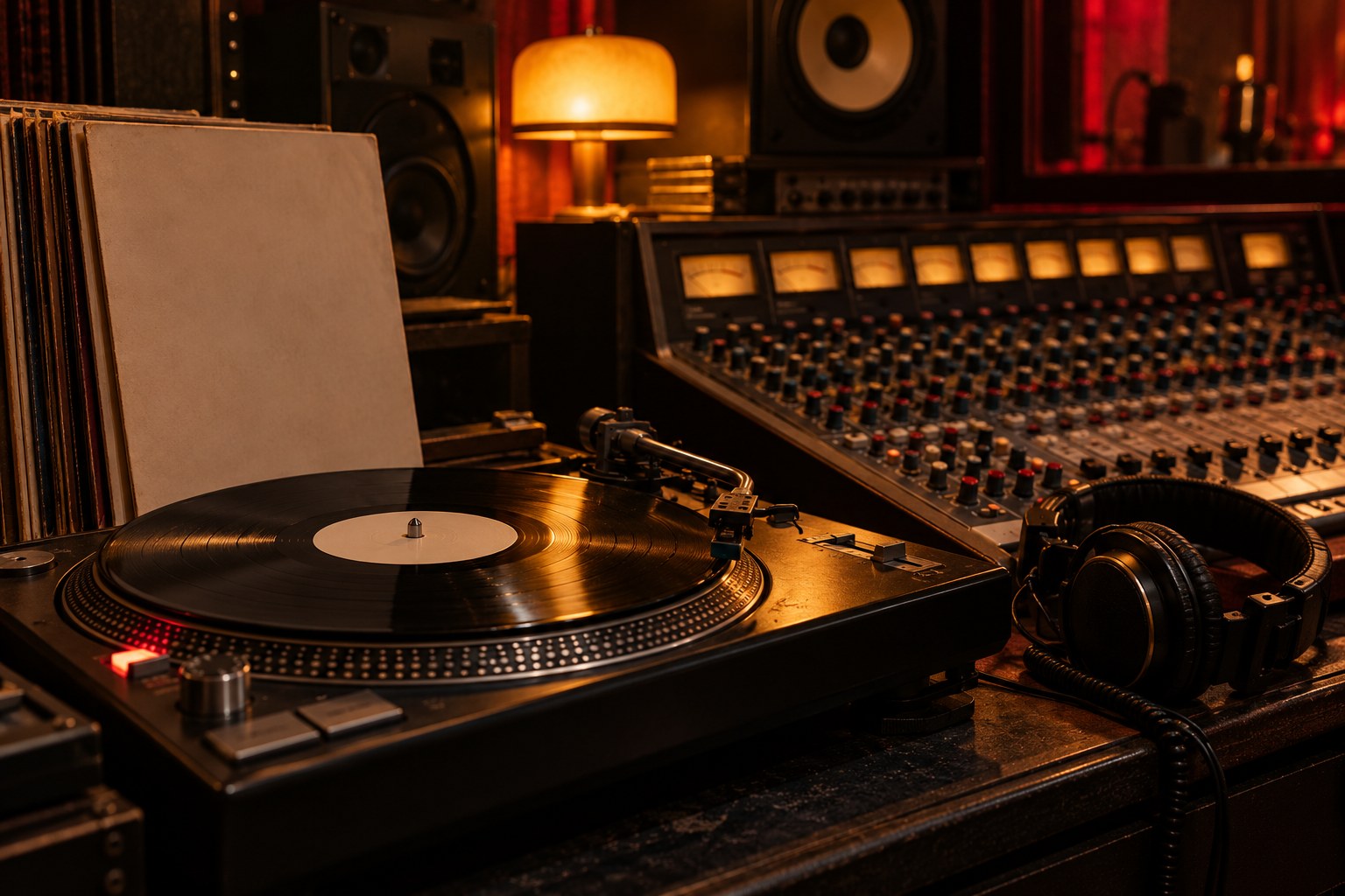 Black vinyl record, blank sleeves, and analog mixing console illustrating Foxy Brown's 1990s recording era